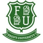 Logo of Fred's University shows the initials F.U. and tow mugs of beer on a green crest.