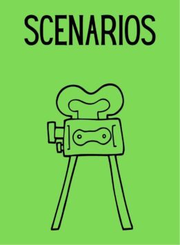 Scenario Card for The Group Game with old time movie camera on green background