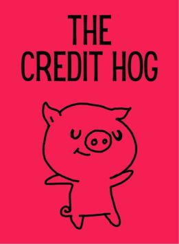 Happy hog cartoon character on red background of Credit Hog Card for The Group Game