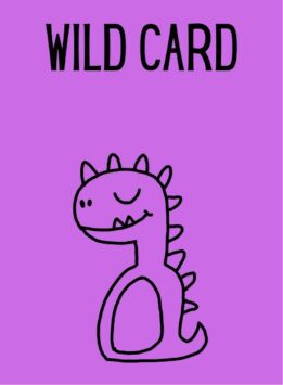 Funny smiling dinosaur cartoon on purple background for The Wild Card for The Group Game