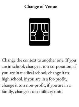 Wild Card for The Group Game has image of curtains and text Change of Venue. Change the context to another one. If you are in school, change it to a corporation, if you are in medical school, change it to high school, if you are in a for-profit, change it to a non-profit, if you are in a family, change it to a military unit.