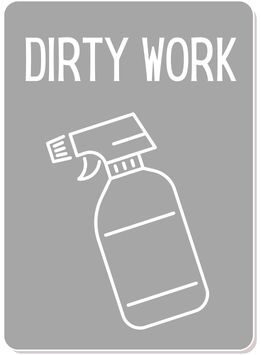 Conversation card reads dirty work and shows a spray bottle of cleaner