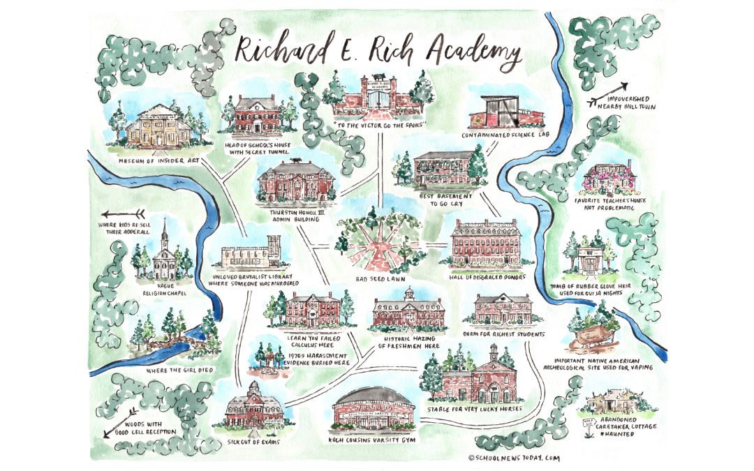 Richard E Rich Academy Satire map shows Hall of Donors, Place Where the Girl Died, Contaminated Lab, Where you Failed Calculus and other joke locations