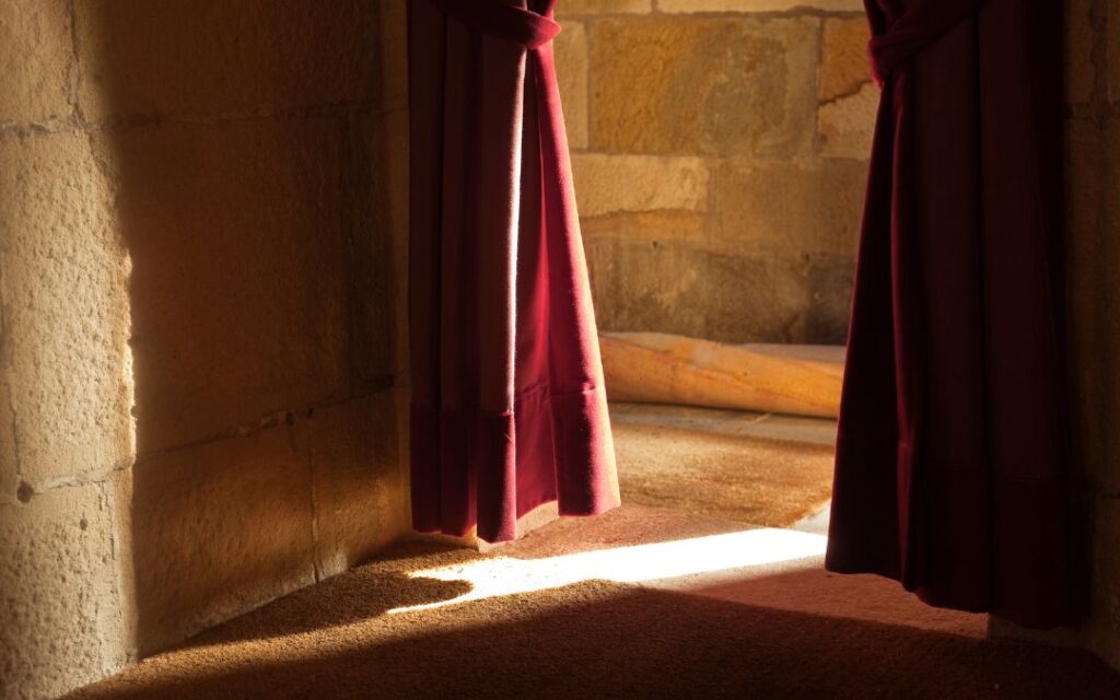 Dark Academia Decor stone alcove with velvet curtain