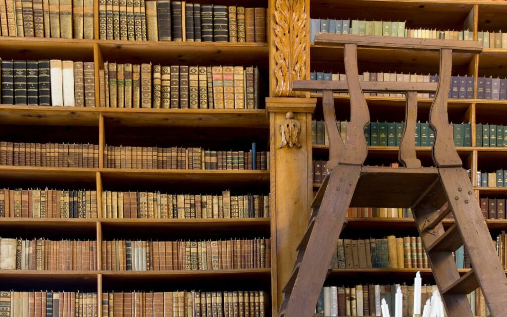 Antique library with wooden library ladder illustrates Dark Academic Decor