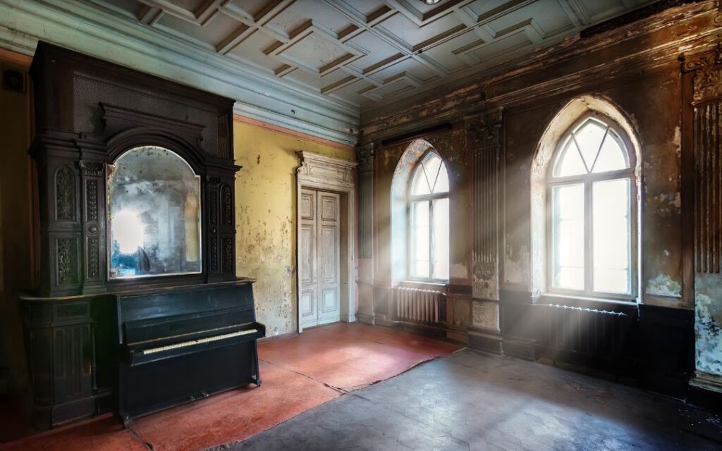 Abandoned room with gothic windows and piano illustrates Dark Academia