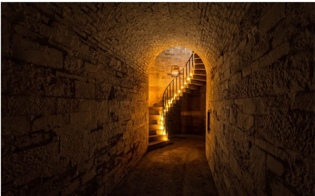 Stone spiral staircase lit with romantic candles illustrates Dark Academic Decor