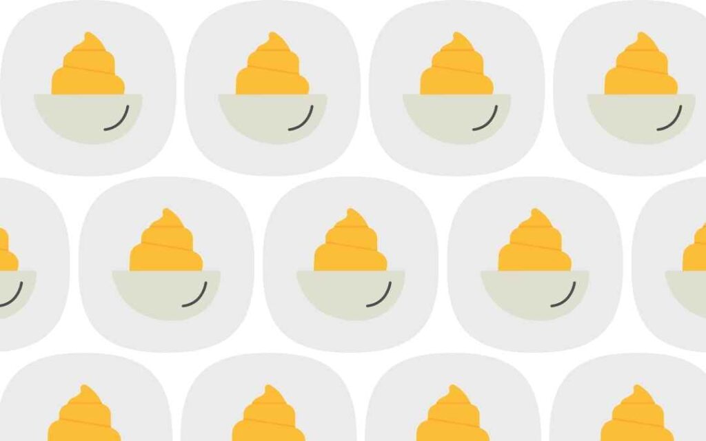 A pattern of drawings of deviled stuffed eggs illustrates dinner party food of the 1960s