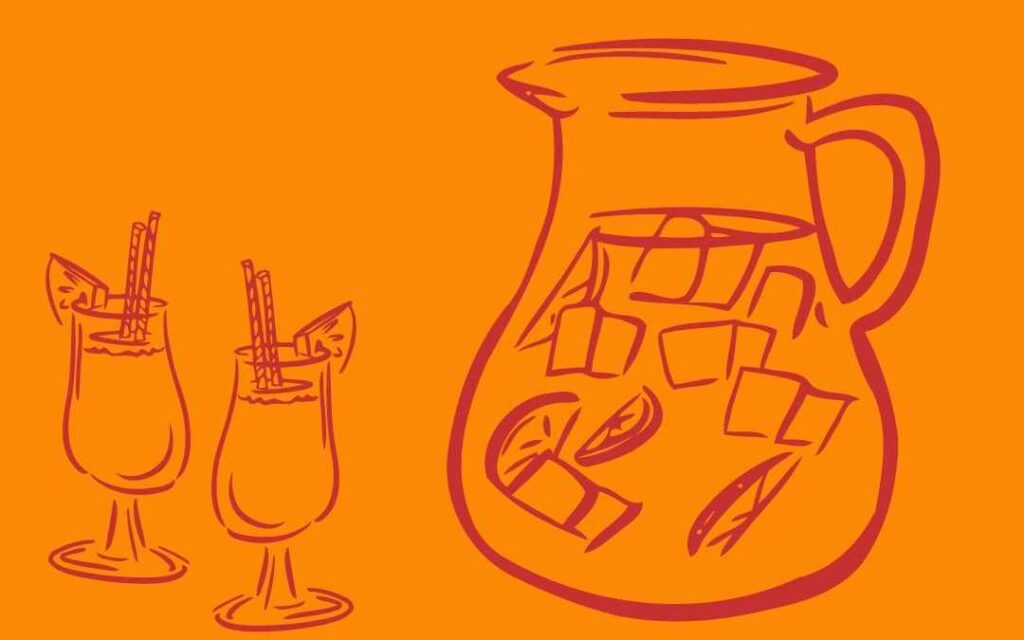 Drawing of a sangria pitcher and cocktail glasses on an orange background illustrates 1970s dinner party menus