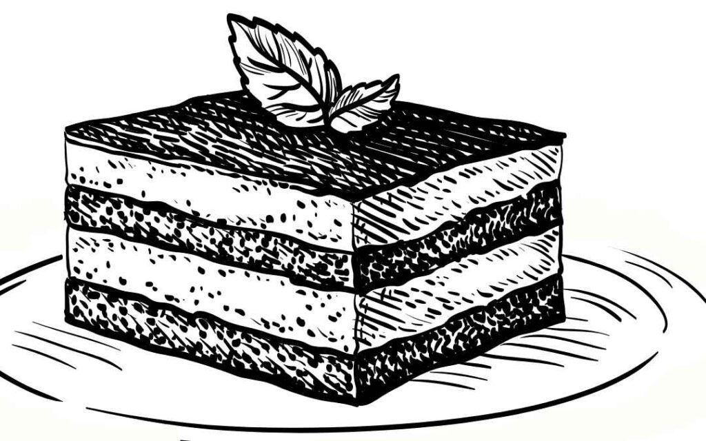 Black and white drawing of tiramisu dessert illustrates 1980s dinner party desserts