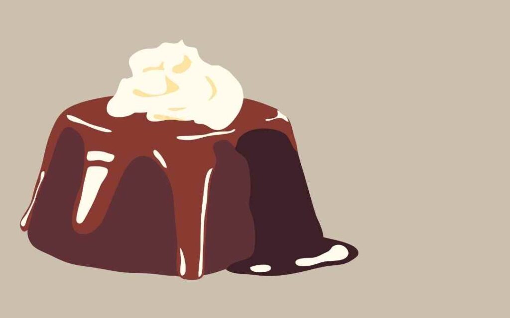 Graphic of a molten lava cake with whipped cream illustrates 1990s dinner party desserts