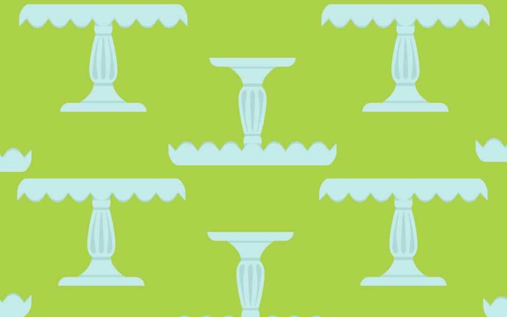 Green background with a pattern of blue glass cake stands illustrating dinner party trends in the 1990s