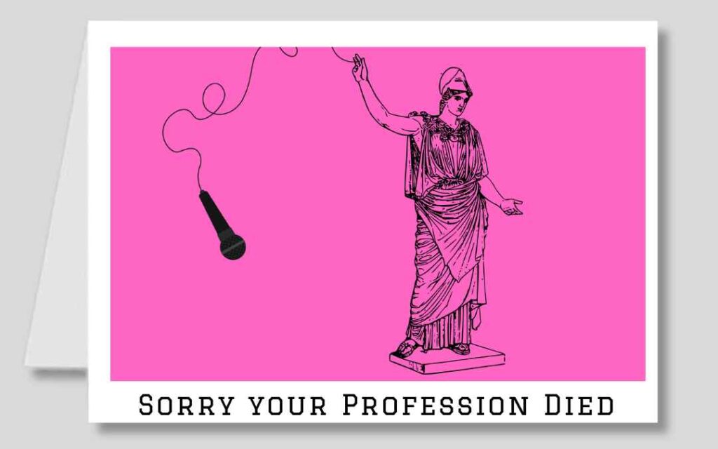 Academic greeting card for teachers shows a Greek statue dropping a mic with text sorry your profession died