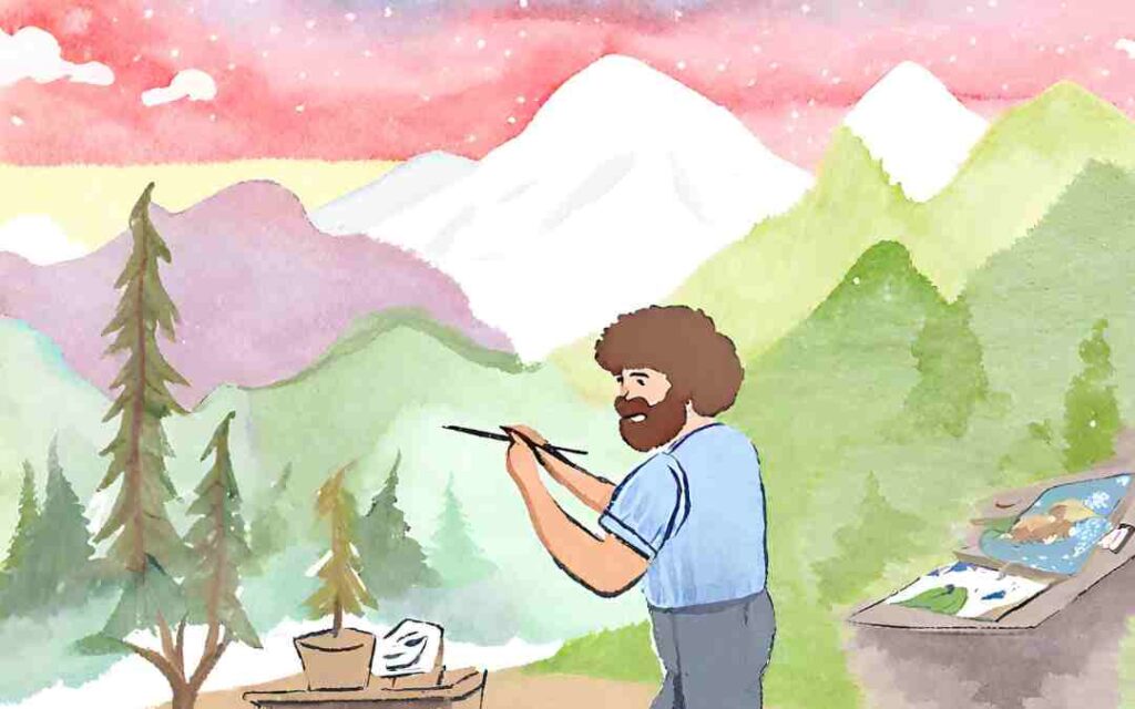Water color painting of Bob Ross holding a paint brush painting a landscape